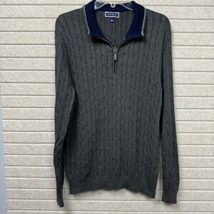 Club Room Gray Cable Knit 1/4 Zip Sweater Navy Ribbed Collar Size L
